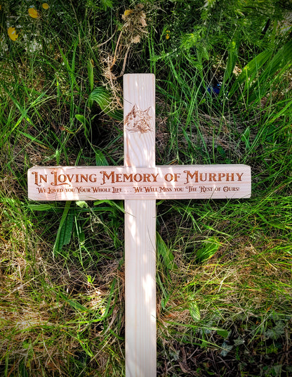 Close-up of laser engraving on wooden pet memorial garden marker – handmade in Devon UK