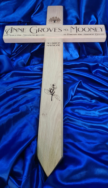 Personalised wooden cross grave marker with custom name engraving, handmade in Devon by Moon Groves