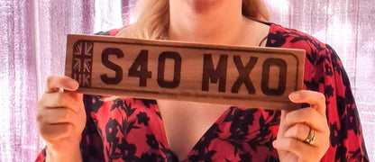 Custom laser engraved wooden number plate style sign in situ – handmade gift Moon Groves Devon