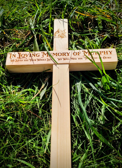 Personalised pet garden memorial marker in situ – laser engraved wooden tribute Moon Groves Devon