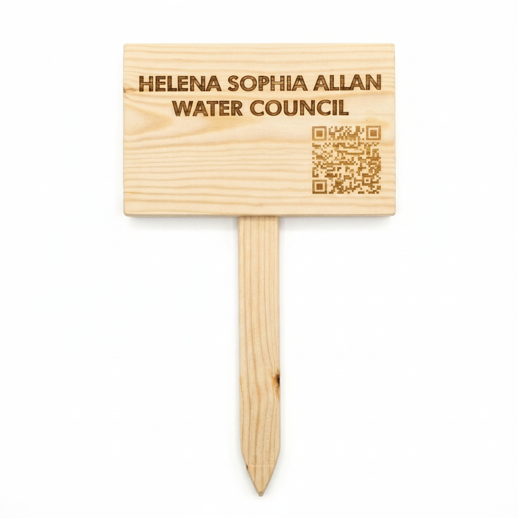 Custom QR code sign on a redwood ground spike, laser engraved, made to order by Moon Groves, Devon