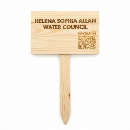 Custom QR code sign on a redwood ground spike, laser engraved, made to order by Moon Groves, Devon