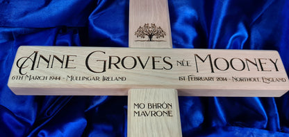Wooden cross grave marker showing sweet chestnut timber grain – personalised memorial Moon Groves Devon