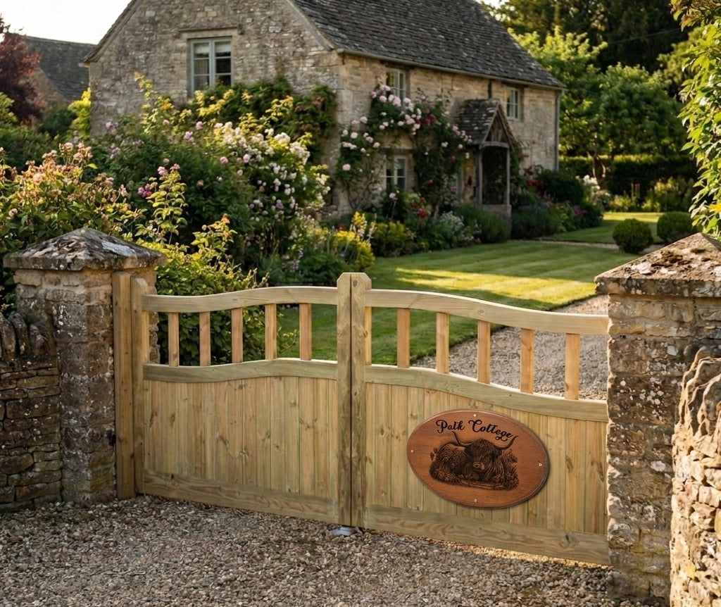 Personalised oval Highland cow house sign, engraved cottage name plaque, handmade in Devon by Moon Groves