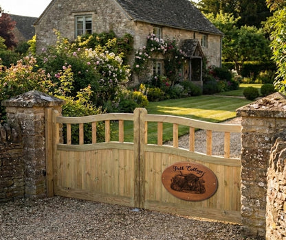 Personalised oval Highland cow house sign, engraved cottage name plaque, handmade in Devon by Moon Groves