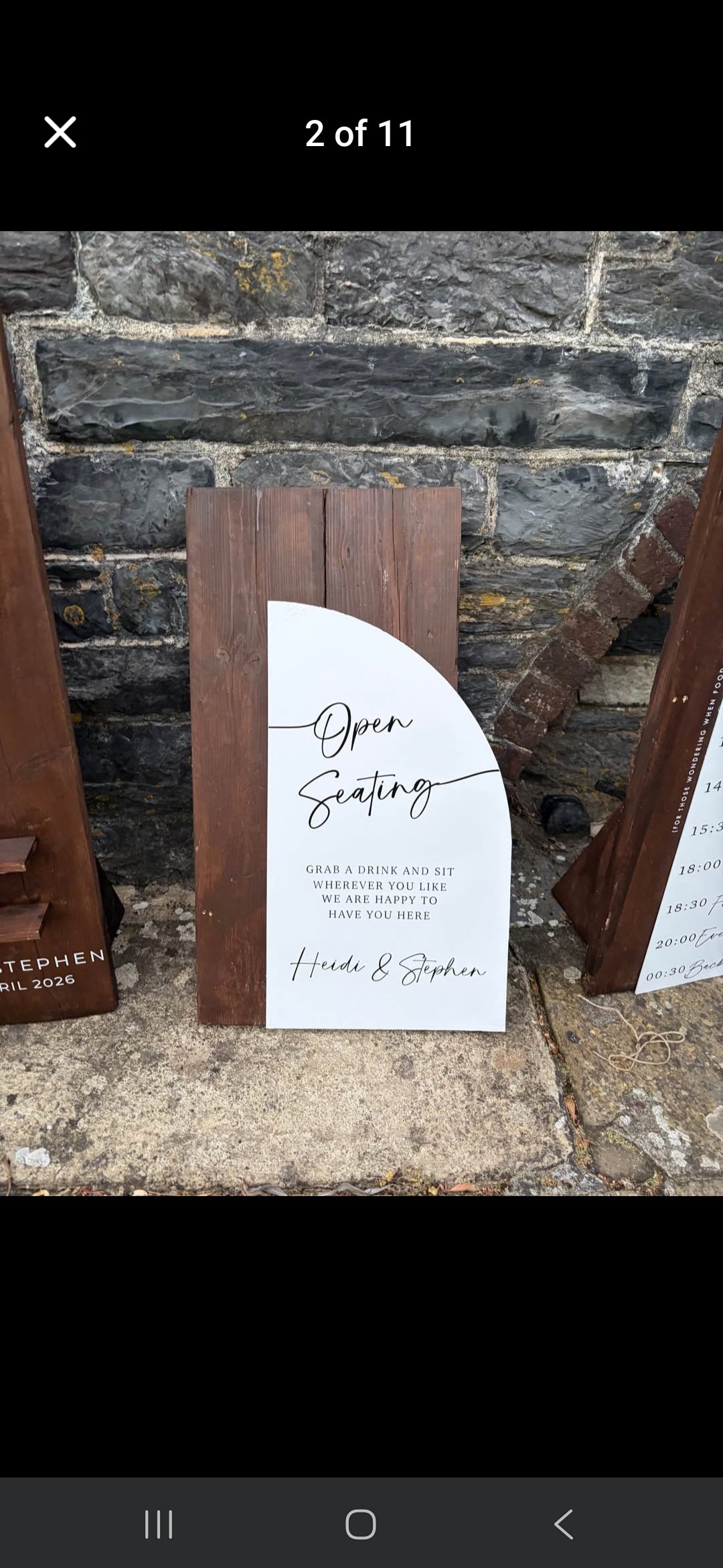 Personalised wedding sign in dark oak with white 3D text, handmade in Devon by Moon Groves
