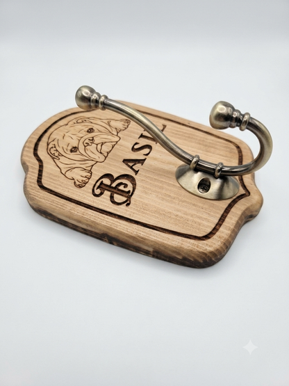 Personalised dog lead and harness storage hook, 190x140mm redwood