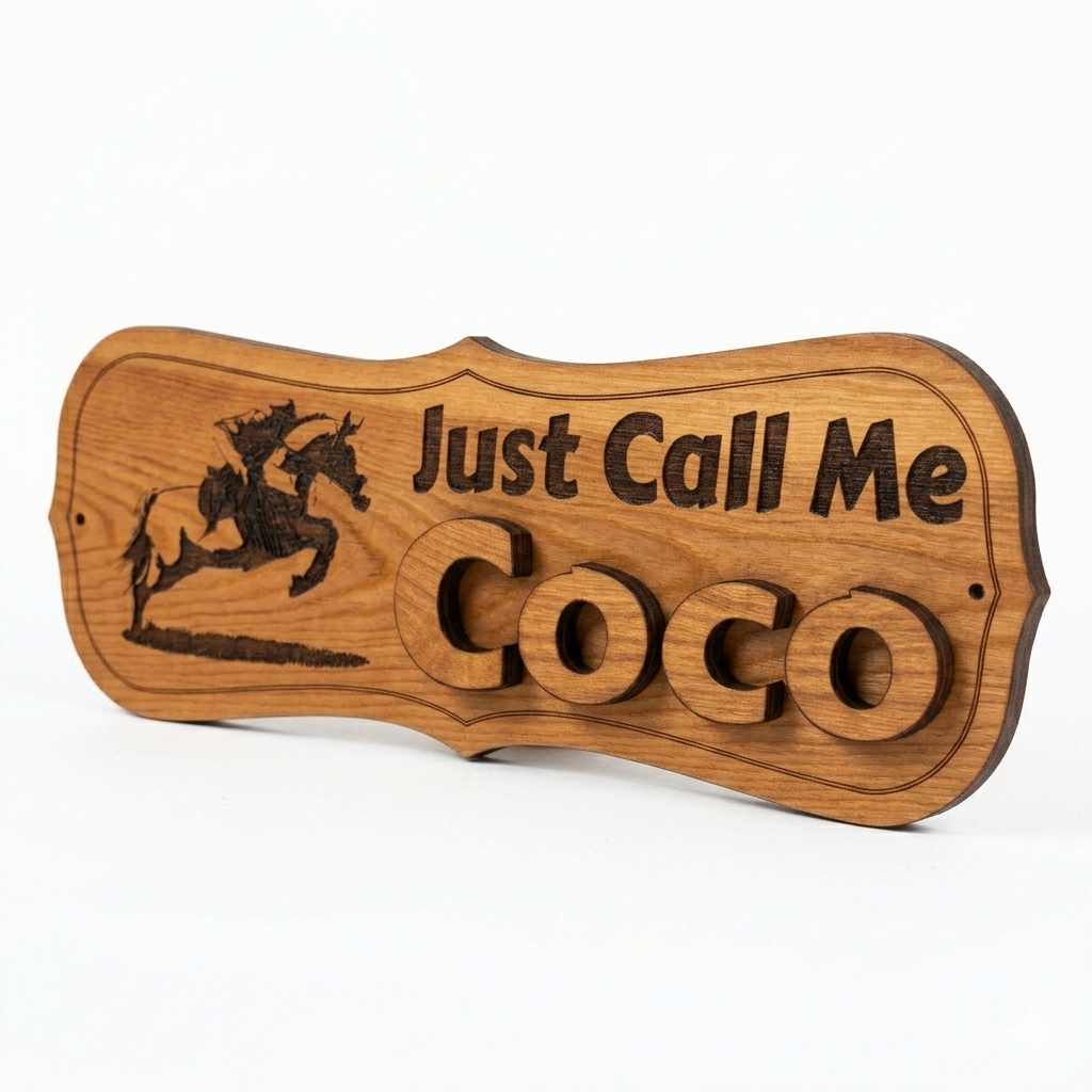 Personalised custom horse sign alternate angle – laser engraved equestrian stable plaque Devon UK