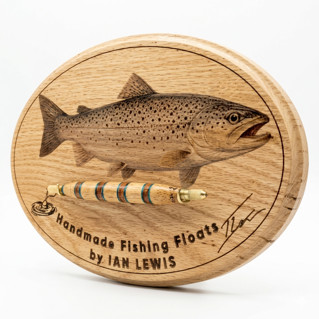 Close-up of laser engraving on bespoke white oak sea trout trophy plaque – personalised handmade fishing gift by MoonGroves