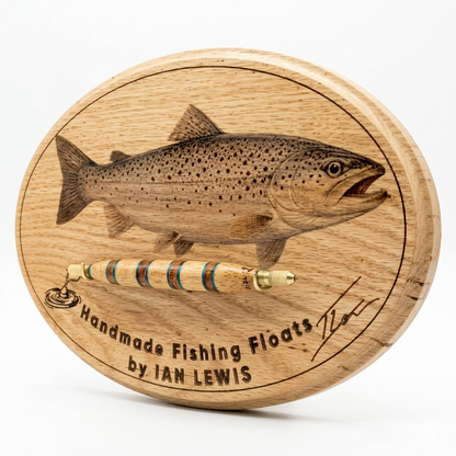 Close-up of laser engraving on bespoke white oak sea trout trophy plaque – personalised handmade fishing gift by MoonGroves